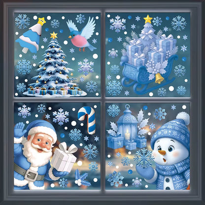 Blue Christmas Window Clings-Static Sticker Set with Bells, Reindeer, Santa, Snowflakes & Snowman for Holiday Party Decor