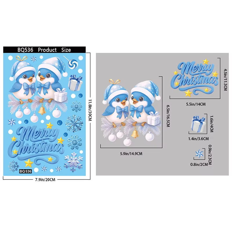 Blue Christmas Window Clings-Static Sticker Set with Bells, Reindeer, Santa, Snowflakes & Snowman for Holiday Party Decor