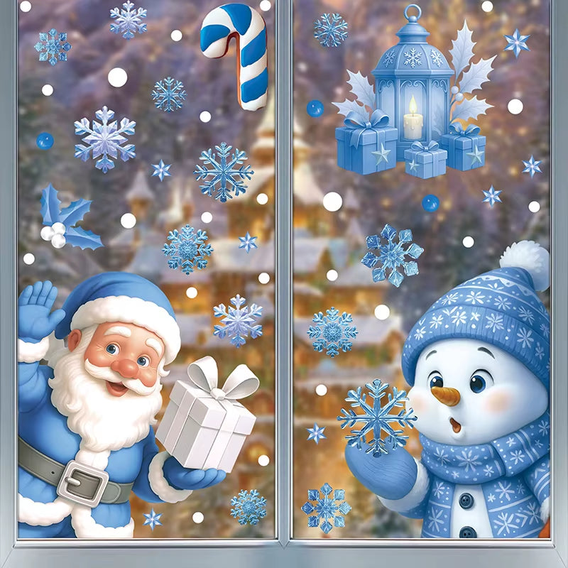 Blue Christmas Window Clings-Static Sticker Set with Bells, Reindeer, Santa, Snowflakes & Snowman for Holiday Party Decor