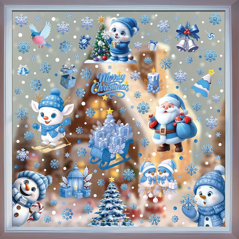 Blue Christmas Window Clings-Static Sticker Set with Bells, Reindeer, Santa, Snowflakes & Snowman for Holiday Party Decor