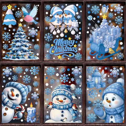 Blue Christmas Window Clings-Static Sticker Set with Bells, Reindeer, Santa, Snowflakes & Snowman for Holiday Party Decor