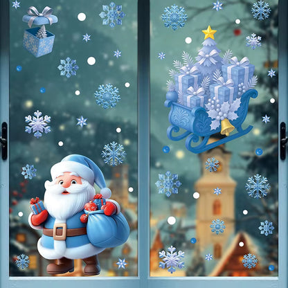 Blue Christmas Window Clings-Static Sticker Set with Bells, Reindeer, Santa, Snowflakes & Snowman for Holiday Party Decor