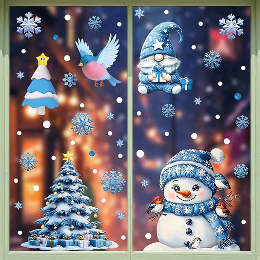 Blue Christmas Window Clings-Static Sticker Set with Bells, Reindeer, Santa, Snowflakes & Snowman for Holiday Party Decor