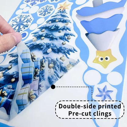 Blue Christmas Window Clings-Static Sticker Set with Bells, Reindeer, Santa, Snowflakes & Snowman for Holiday Party Decor