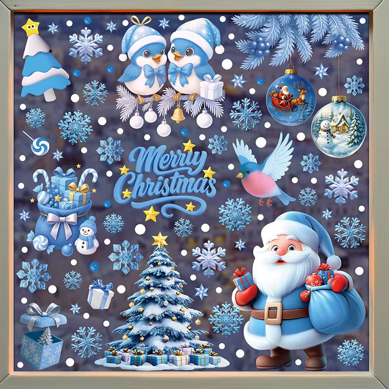 Blue Christmas Window Clings-Static Sticker Set with Bells, Reindeer, Santa, Snowflakes & Snowman for Holiday Party Decor
