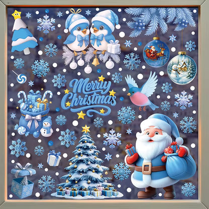 Blue Christmas Window Clings-Static Sticker Set with Bells, Reindeer, Santa, Snowflakes & Snowman for Holiday Party Decor
