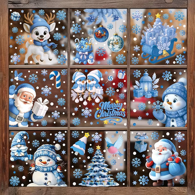 Blue Christmas Window Clings-Static Sticker Set with Bells, Reindeer, Santa, Snowflakes & Snowman for Holiday Party Decor