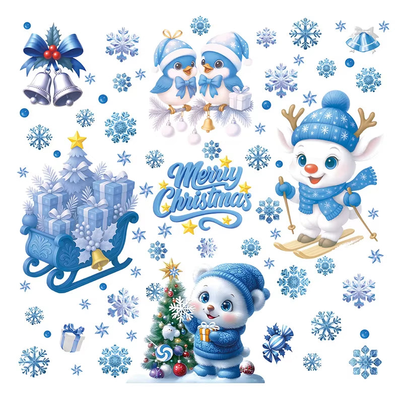 Blue Christmas Window Clings-Static Sticker Set with Bells, Reindeer, Santa, Snowflakes & Snowman for Holiday Party Decor