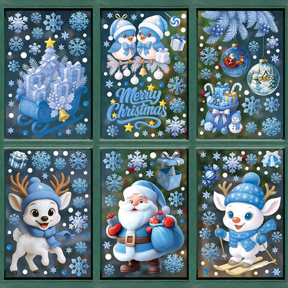 Blue Christmas Window Clings-Static Sticker Set with Bells, Reindeer, Santa, Snowflakes & Snowman for Holiday Party Decor