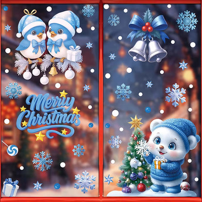 Blue Christmas Window Clings-Static Sticker Set with Bells, Reindeer, Santa, Snowflakes & Snowman for Holiday Party Decor