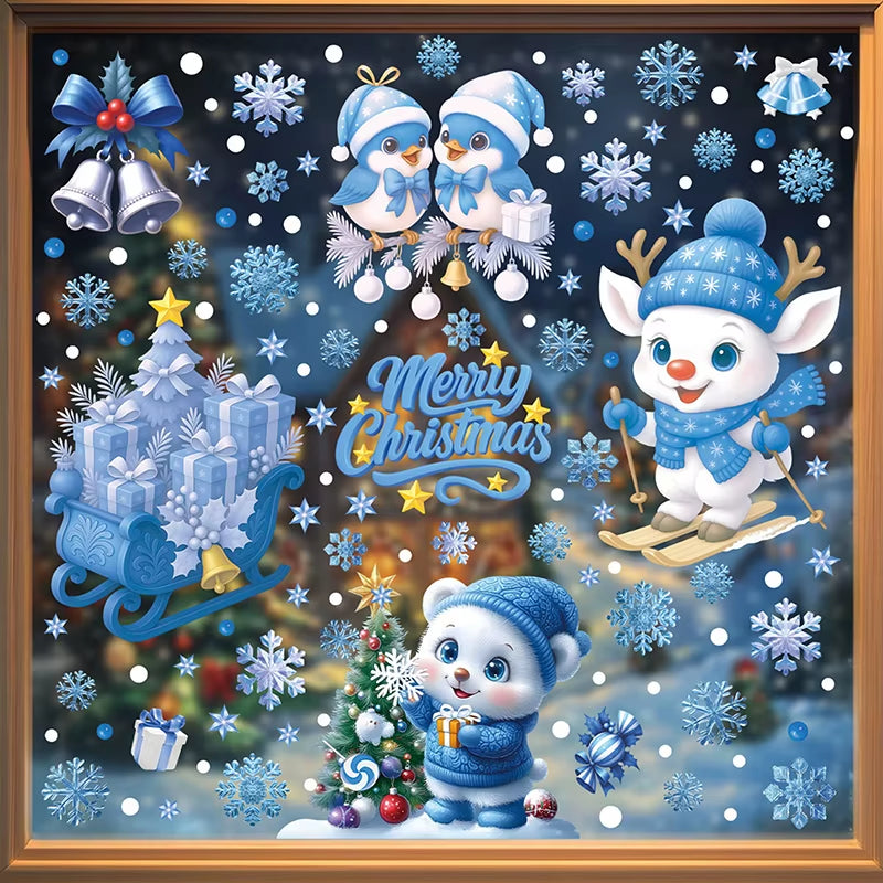 Blue Christmas Window Clings-Static Sticker Set with Bells, Reindeer, Santa, Snowflakes & Snowman for Holiday Party Decor