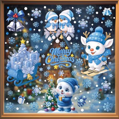 Blue Christmas Window Clings-Static Sticker Set with Bells, Reindeer, Santa, Snowflakes & Snowman for Holiday Party Decor