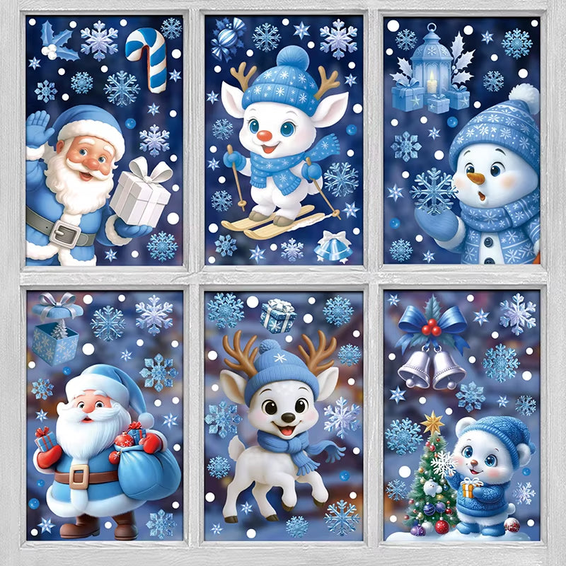 Blue Christmas Window Clings-Static Sticker Set with Bells, Reindeer, Santa, Snowflakes & Snowman for Holiday Party Decor