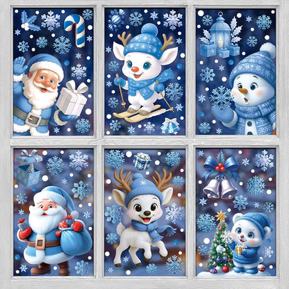 Blue Christmas Window Clings-Static Sticker Set with Bells, Reindeer, Santa, Snowflakes & Snowman for Holiday Party Decor