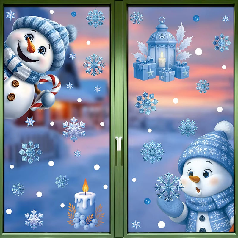 Blue Christmas Window Clings-Static Sticker Set with Bells, Reindeer, Santa, Snowflakes & Snowman for Holiday Party Decor